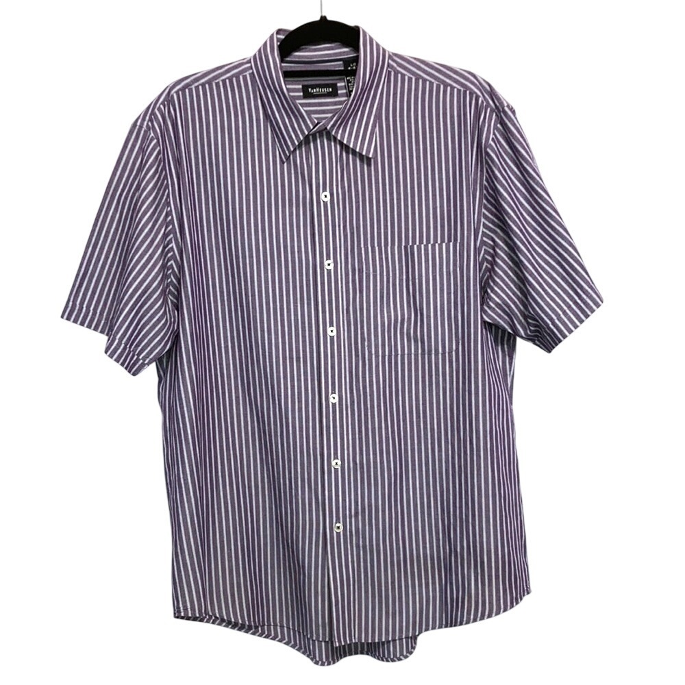 Striped Button Down Shirt Purple Cotton Blend Van Heusen Pocket Large Mens 16